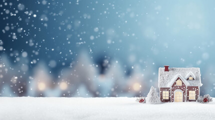 Charming Snow-Covered Cottage Merry Christmas Background, with copy space