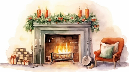 Cozy Fireplace and Warm Holiday Greetings Merry Christmas Postcard, watercolor style, with copy space