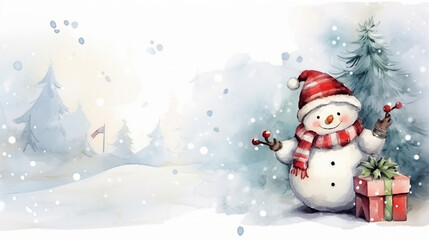 Playful Snowman and Joyful Wishes Merry Christmas Postcard, watercolor style, with copy space