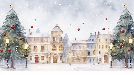 Fototapeta na wymiar Snowy Town Square and Festive Decorations Merry Christmas Postcard, watercolor style, with copy space
