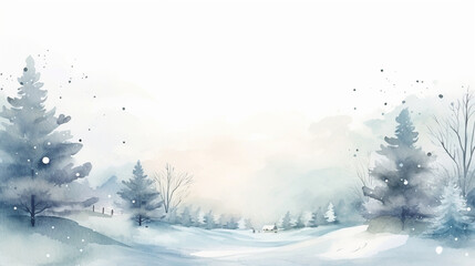 Peaceful Winter Landscape and Season's Greetings Merry Christmas Postcard, watercolor style, with copy space