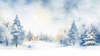 Magical Winter Wonderland and Warm Holiday Wishes Merry Christmas Postcard, watercolor style, with copy space