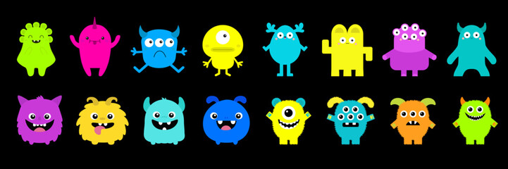 Happy Halloween Monster set line. Cute cartoon kawaii colorful scary funny character icon. Eyes, horns, hands, tongue, fang teeth . Funny baby collection. Flat design. Black background Isolated. © worldofvector