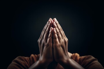 Praying hands with faith in religion and belief in God on dark background. Power of hope or love and devotion, Generative AI