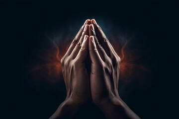 Praying hands with faith in religion and belief in God on dark background. Power of hope or love and devotion, Generative AI - obrazy, fototapety, plakaty