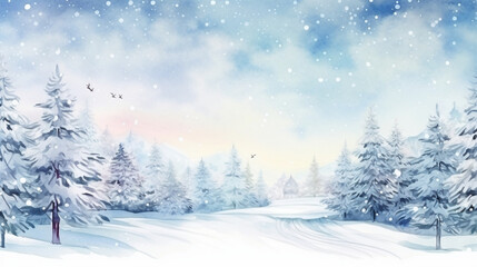 Fototapeta premium Magical Winter Wonderland and Warm Holiday Wishes Merry Christmas Postcard, watercolor style, with copy space