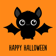 Happy Halloween. Cute bat flying black silhouette icon. Cartoon funny baby character with big open wing, eyes, ears. Forest animal. Flat design. Orange background. Isolated. Greeting card.