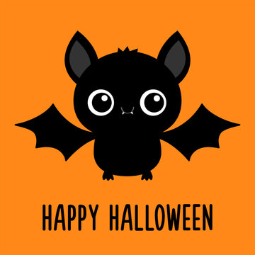 Happy Halloween. Cute bat flying black silhouette icon. Cartoon funny baby character with big open wing, eyes, ears. Forest animal. Flat design. Orange background. Isolated. Greeting card.