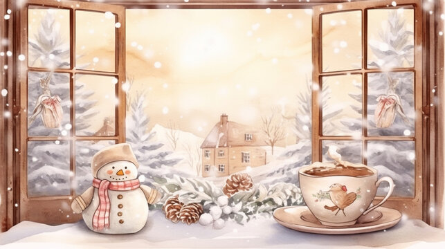Frosty Windowpane and Cozy Cocoa Time Merry Christmas Postcard, watercolor style, with copy space
