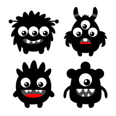 Monster set. Happy Halloween. Cute face head. Four black silhouette monsters with different emotions. Cartoon kawaii funny boo baby character. T-shirt design. White background. Flat design.