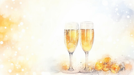 Sparkling Champagne Toast and Joyful New Year Wishes Merry Christmas Postcard, watercolor style, with copy space