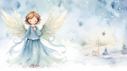 Graceful Angel and Heavenly Merry Christmas Blessings Postcard, watercolor style, with copy space