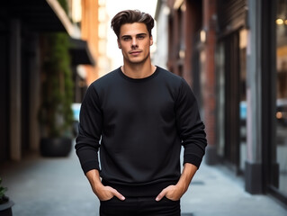 Fototapeta premium Attractive young man wearing blank empty black t-shirt long sleeves mockup for design template