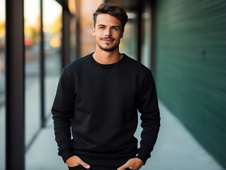 Fototapeta premium Attractive young man wearing blank empty black t-shirt long sleeves mockup for design template