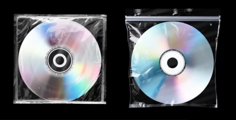 Deurstickers Lengtemeter CD Cd in a transparent plastic transparent package isolated on a black background. Compact Disk, CD, Laser disc DVD. Vector Illustration