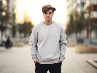 Fototapeta premium Young man wearing blank empty grey t-shirt long sleeves sweater mockup for design template