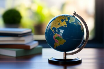 Small blue globe on a desk, representing global awareness