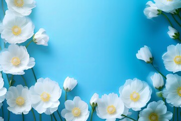 Beautiful floral composition in the form of a frame of white buttercups on a blue background using a soft blur filter, Generative AI
