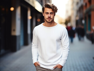 Fototapeta premium Young man wearing blank empty white t-shirt long sleeves sweater mockup for design template