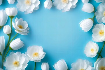 Fototapeta na wymiar Beautiful floral composition in the form of a frame of white buttercups on a blue background using a soft blur filter, Generative AI
