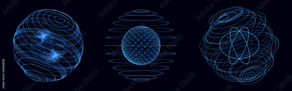 Poster Vector set sci-fi sphere with particles and lines. Concept network connection. Frame sphere. Abstract technology background.