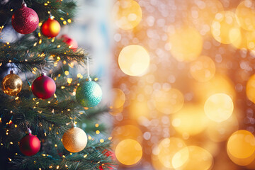 Fototapeta na wymiar Vibrant Ornaments on a Christmas Tree Amid Defocused Bokeh Lights, Background, Illustration, Providing Space for Adding Text – Generative AI