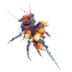 Extremely hot fiery explosion with sparks and smoke, mainst white background. Bomb detonation. Textured photo of fire and sparks