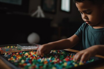 Close up of a black-skinned preschooler boy engaging in a sensory play activity, exploring colorful textures and materials, tactile objects. Generative AI. - obrazy, fototapety, plakaty
