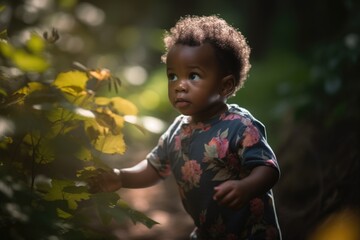A toddler exploring a nature, marveling at the vibrant flowers and trees. The background showcases a lush green forest with soft sunlight filtering through the leaves. Generative AI.