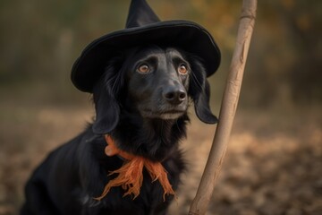 A black dog dressed as a witch, with a pointy hat and a broomstick. Halloween party. The dog's whimsical costume. Generative AI