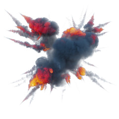 Extremely hot fiery explosion with sparks and smoke, mainst white background. Bomb detonation. Textured photo of fire and sparks