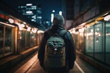 Fototapeta premium A traveler with a backpack admiring a famous landmark in a bustling city. The combination of urban exploration and cultural experiences. Back view. Generative AI.