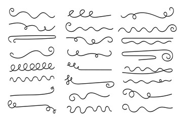 Underlines hand-drawn set. Hand-drawn dividers, separators, borders, collection of doodle style various art accentuation elements for text decoration. Isolated. Vector illustration - obrazy, fototapety, plakaty