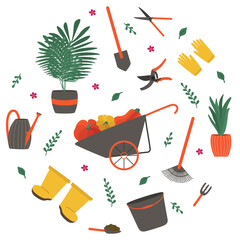 Round gardening tools colored flat composition vector illustration
