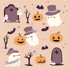 Halloween set cute cartoon freehand drawing flat design.