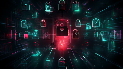 Hacker attack system, cybersecurity hologram and lock icons