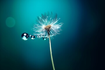 A drop of water on dandelion parachute on beautiful dark blue background. Bright elegant colorful artistic image of beauty of nature, Generative AI