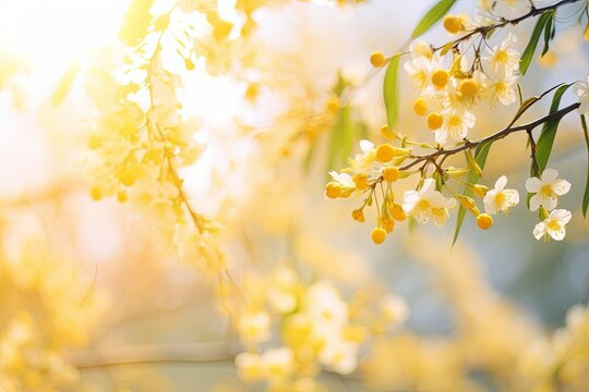 Beautiful blurred spring background image with branches of flowering myiosa in nature in the rays of sunlight outdoors, Generative AI