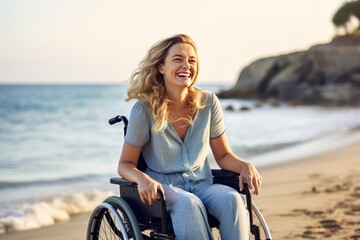 Fototapeta na wymiar No one can take away the love of life from me. Smiling middle aged woman in a wheelchair enjoying the ocean at the beach.
