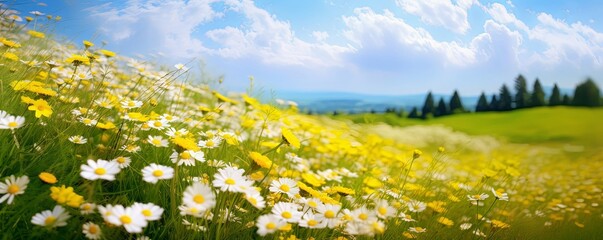 Beautiful spring landscape with meadow yellow flowers and daisies against the blue sky. Natural summer panorama, Generative AI
