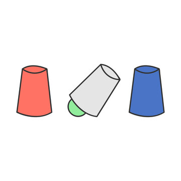 Three cups and ball trick line filled illustration