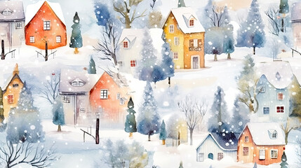 Christmas holiday background with seamless winter landscape pattern. Watercolor style winter backdrop. Christmas or New Year repeated illustration for wallpaper, wrapping paper, textile, scrapbooking
