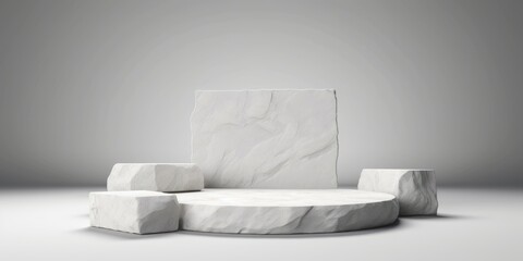 White stone plate cosmetic podium 3d background or abstract empty product display floor platform broken and blank rock stage stand on plaster concrete, Generative AI