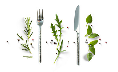 silverware and fresh mediterranean herb and spices with real transparent shadow isolated on...