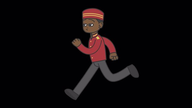 Black male bellboy runs to customers. Looped 4K video with alpha-channel.