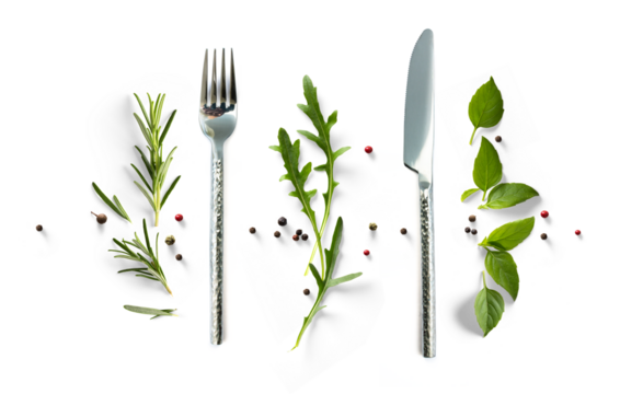 silverware and fresh mediterranean herb and spices with real transparent shadow isolated on transparent background. PNG Food cooking background design element