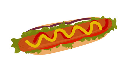 Hotdog with onion, tomato, sausage, mustard, ketchup and chilli sauce isolated illustration vector design