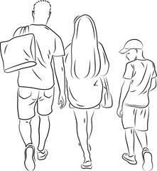 Walking young couple and a boy, back view. Black sketch, line art. 