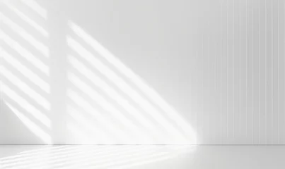 Foto auf Leinwand Abstract window sunlight on empty white wall 3d morning interior background display of blank sun light shadow modern panel backdrop for sunny room space wallpaper studio and cozy, Generative AI © Picture Perfection