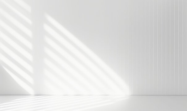 Abstract window sunlight on empty white wall 3d morning interior background display of blank sun light shadow modern panel backdrop for sunny room space wallpaper studio and cozy, Generative AI